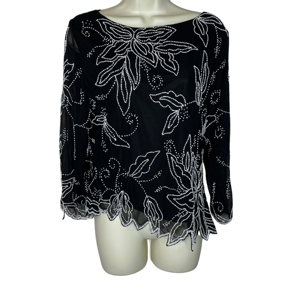 JKARA 80’s Trophy Top Beaded Black & White Dramatic VTG Evening Party